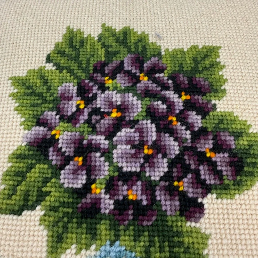 Vintage Needlepoint Violet Floral Throw Pillow Purple Yellow Velvet Back 12in